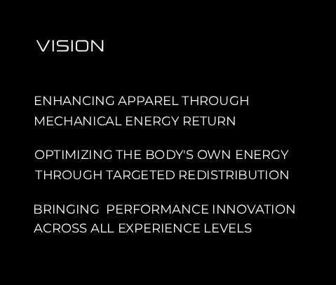Vision: enhancing apparel through mechanical energy return; optimizing the body's own energy through targeted redistribution; bringing performance innovation across all experience levels